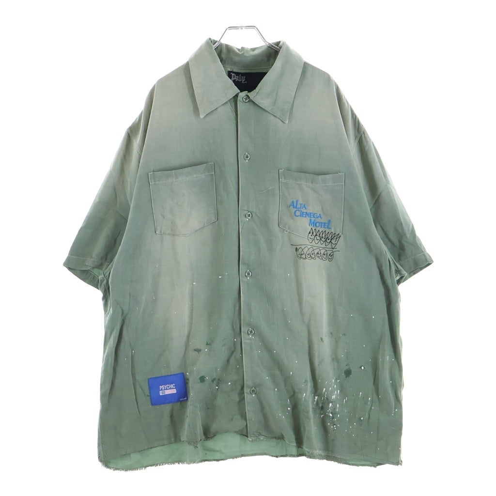 Paly Hollywood(パリーハリウッド) Alta Cienega Motel S/S Button down Shirts アルタシェネガモーテルショートスリーブボタンダウンシャツ ロゴ刺繍ダメージ加工半袖シャツ グリーン