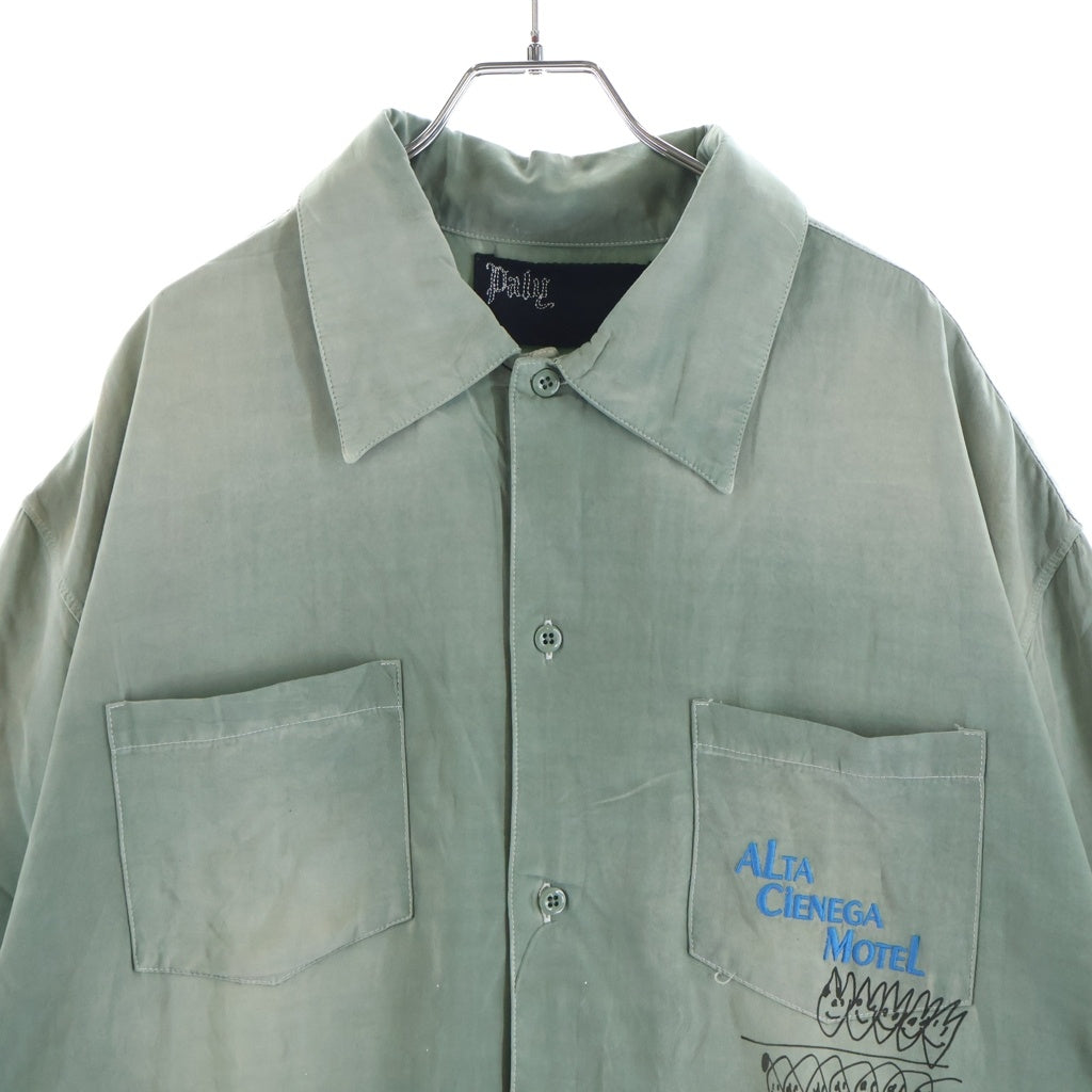 Paly Hollywood(パリーハリウッド) Alta Cienega Motel S/S Button down Shirts アルタシェネガモーテルショートスリーブボタンダウンシャツ ロゴ刺繍ダメージ加工半袖シャツ グリーン