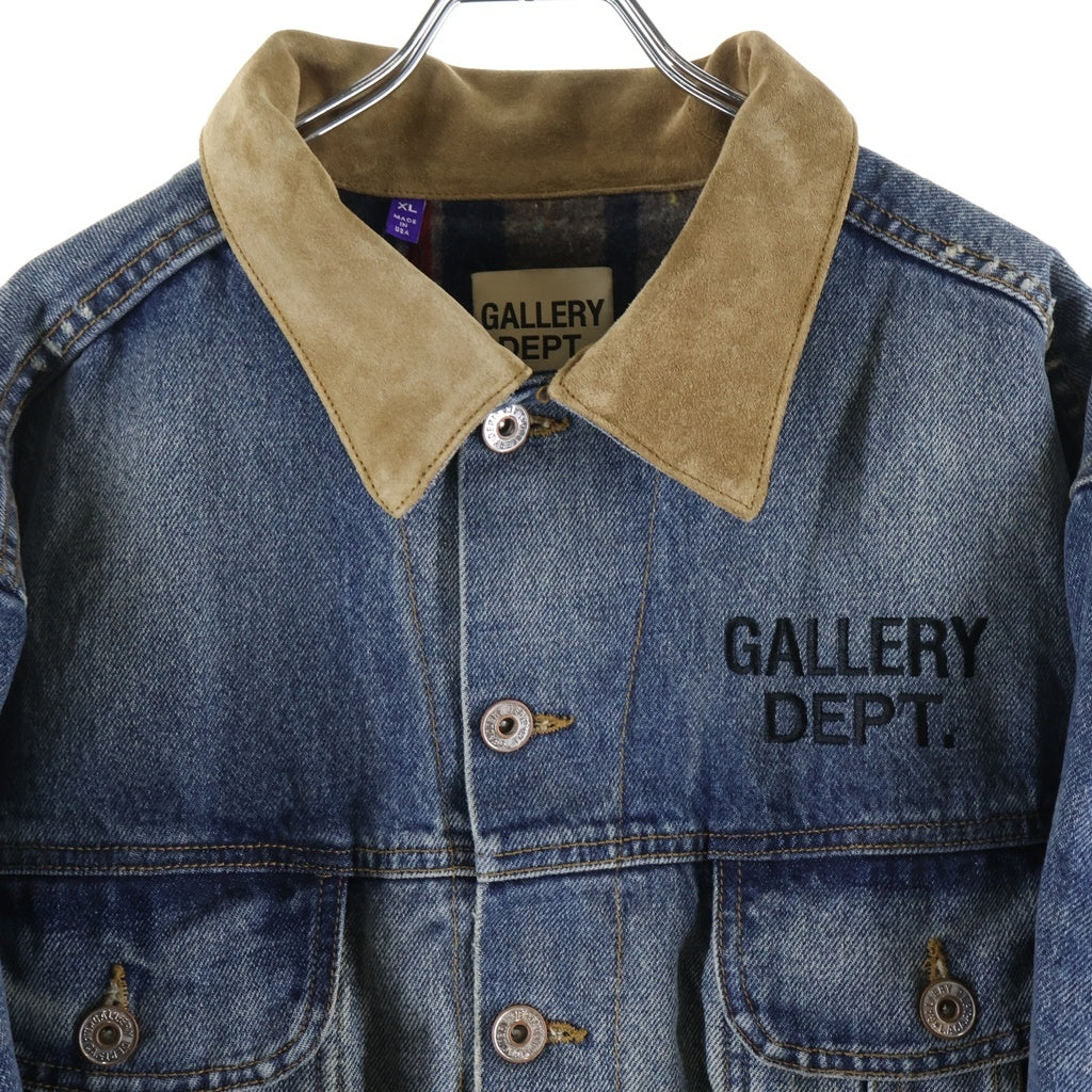 GALLERY DEPT.(ギャラリーデプト) Santa Fe Flannel Denim Trucker Jacket サンタフェ フランネルデニムトラッカージャケット ロゴ刺繍スエードカラーダメージ加工デニムジャケット インディゴ