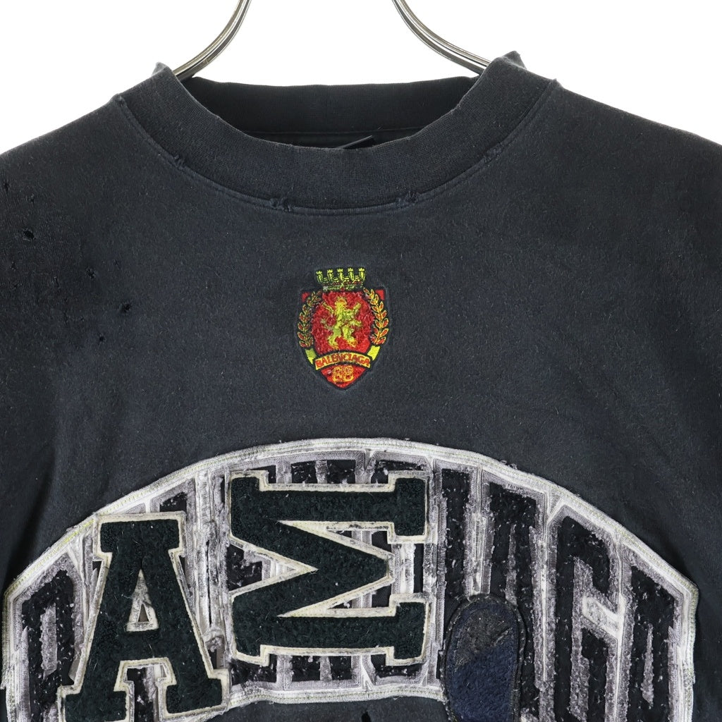 BALENCIAGA(バレンシアガ) 22AW Skater Oversized L/S T-shirt スケーターオーバーサイズドロングスリーブTシャツ ロゴワッペンダメージ加工クルーネック長袖Tシャツ 739027 70VA7 ブラック