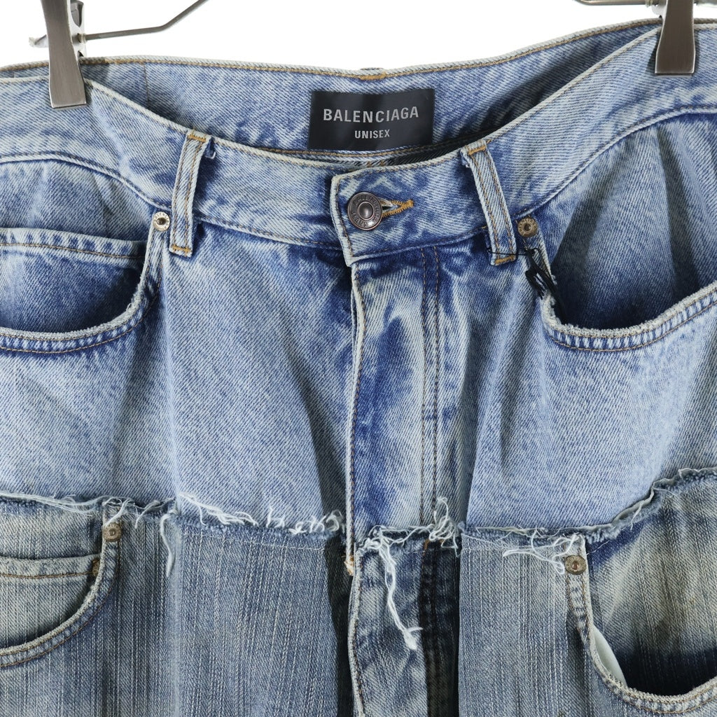 BALENCIAGA(バレンシアガ) 24AW Cut-Up Baggy Jeans Iced/Stained カットアップバギージーンズ アイスド/ステインド ドッキングワイドデニムパンツ インディゴ/ブルー 805094 TRW90