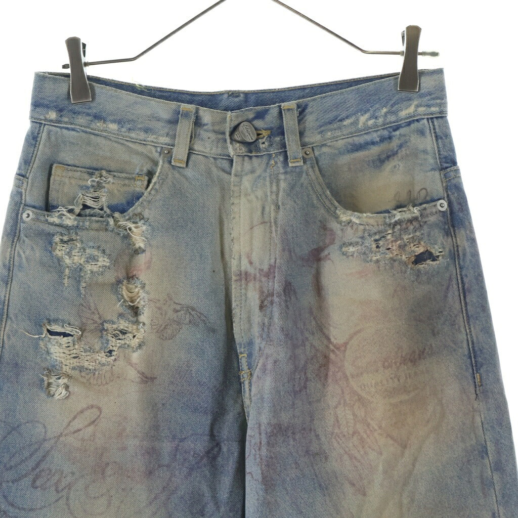 Lildenimjean(リルデニムジーン) TATTOO JEANS 総柄 ダメージ加工 ワイド デニムパンツ インディゴ