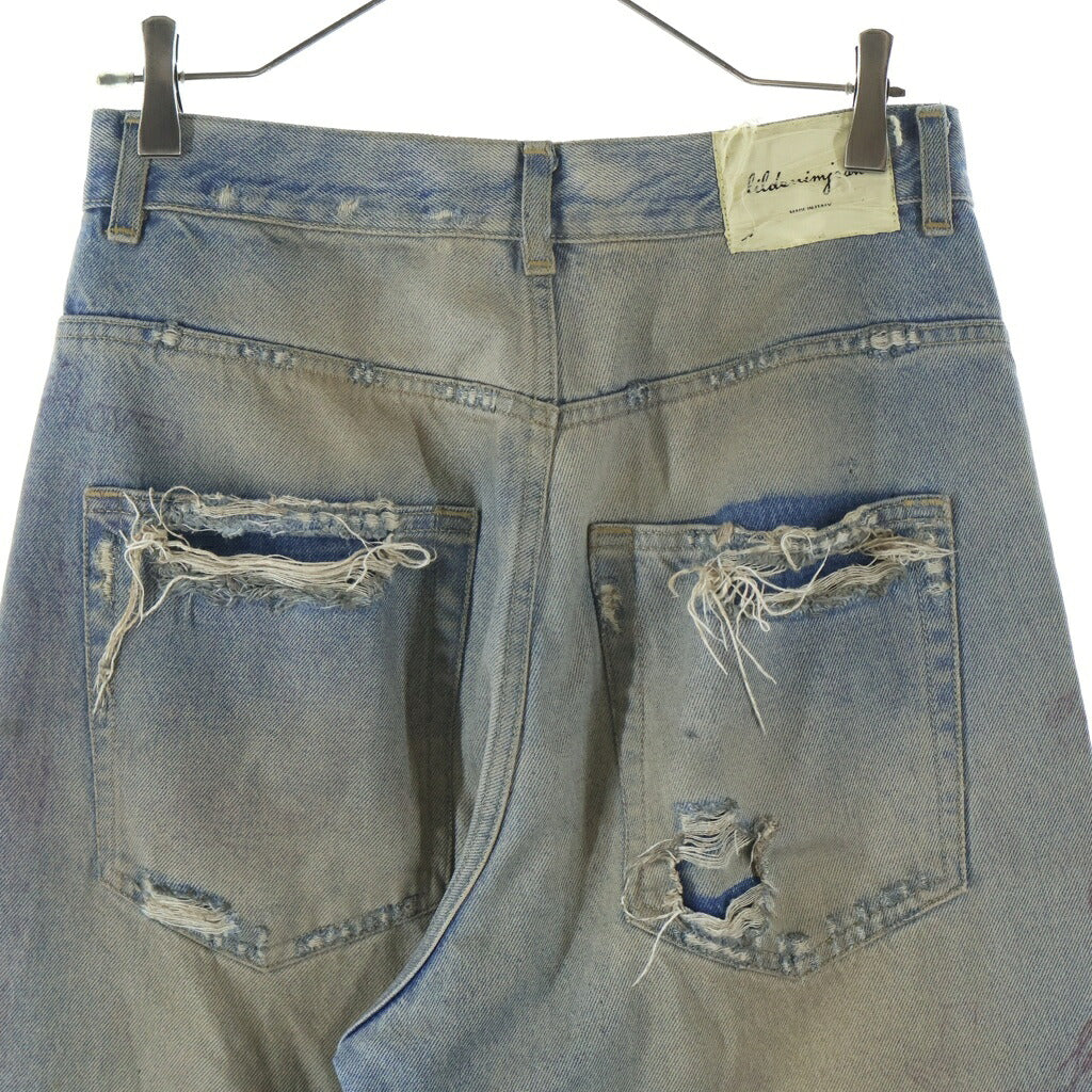 Lildenimjean(リルデニムジーン) TATTOO JEANS 総柄 ダメージ加工 ワイド デニムパンツ インディゴ