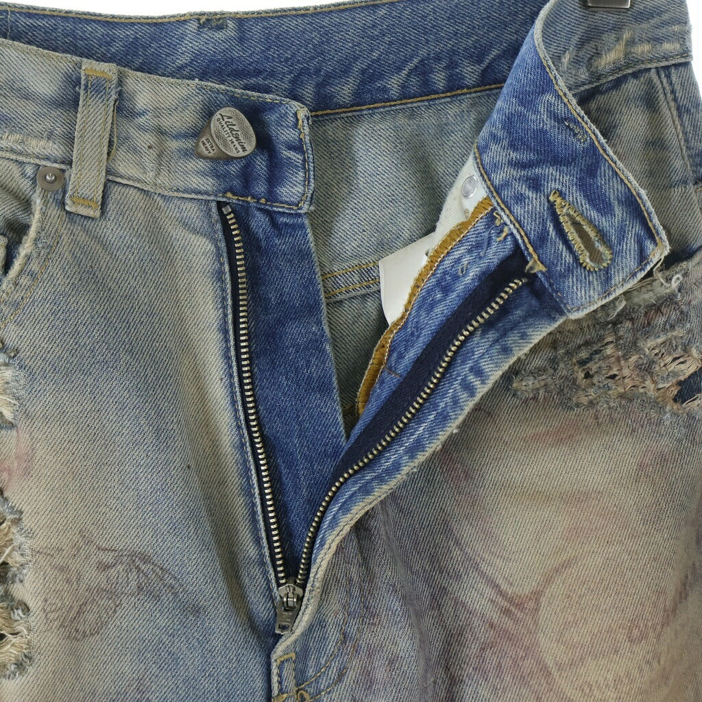 Lildenimjean(リルデニムジーン) TATTOO JEANS 総柄 ダメージ加工 ワイド デニムパンツ インディゴ