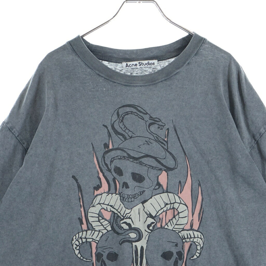 Acne Studios(アクネ ストゥディオズ) 24SS SCULL TEE エイジング加工 フロントスカルプリント クルーネック半袖Tシャツ カットソー グレー FN-UX-TSHI000070