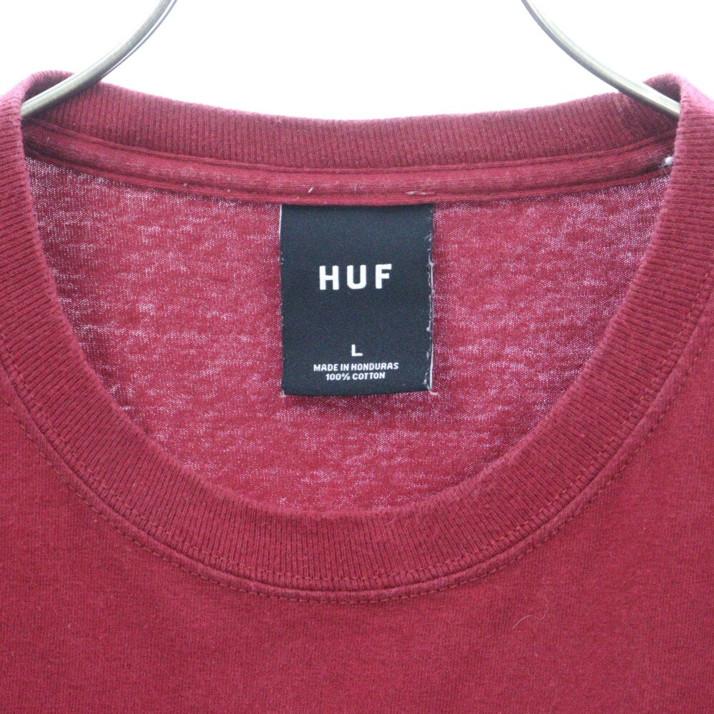 HUF(ハフ) ボックスロゴプリント 長袖 クルーネック Tシャツ レッド