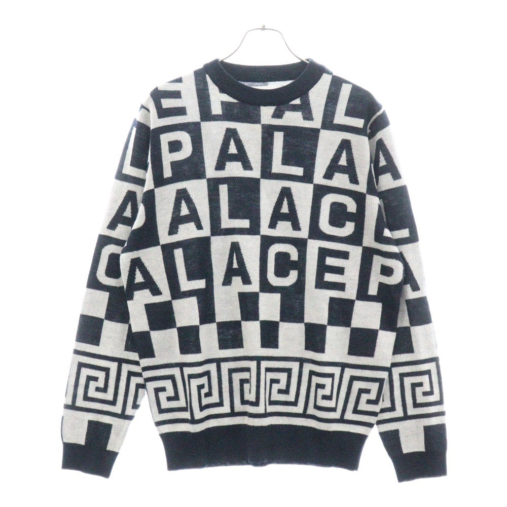 Palace Skateboards(パレススケートボーズ) 16AW CHECK-IT KNIT ジャガードロゴ総柄クルーネックニットセーター ネイビー/グレー