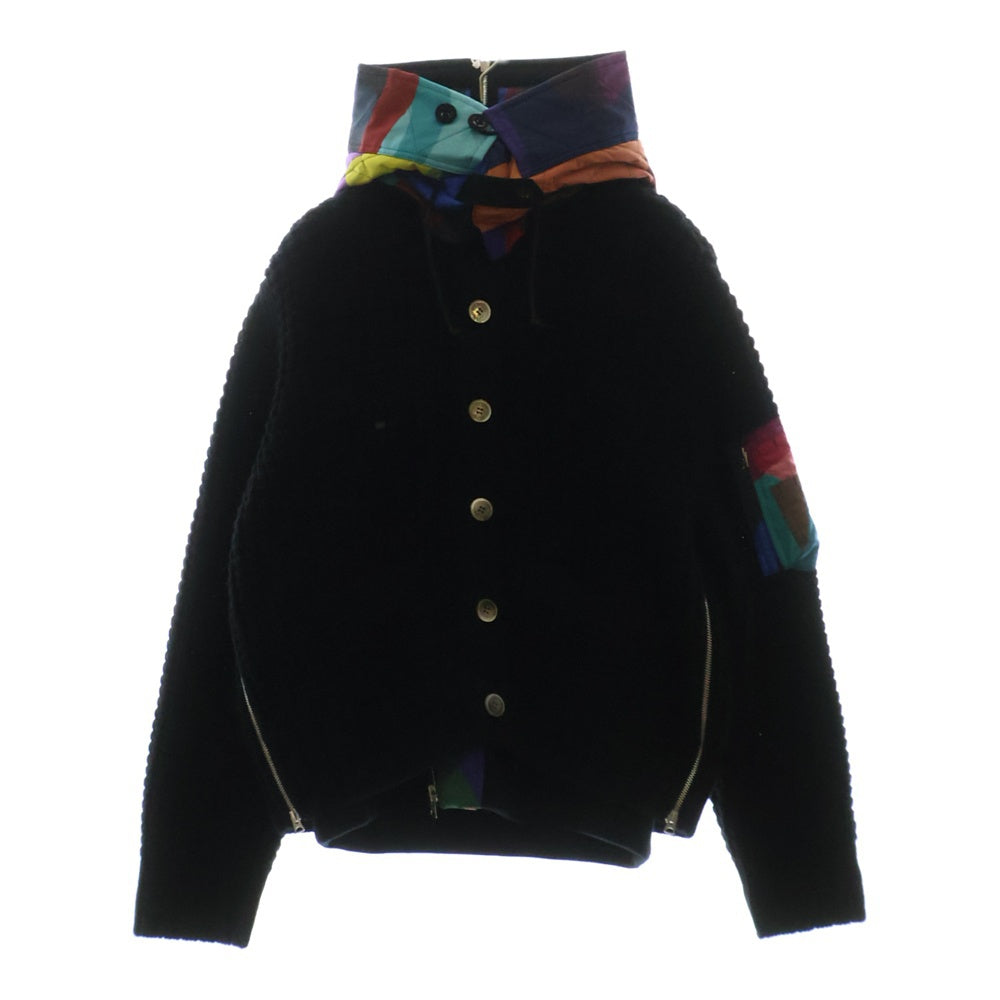 Sacai(サカイ) ×KAWS Wool Knit Blouson カウズ ウールニット レイヤード ジップアップブルゾン フーディ ブラック/マルチ 21-02576M