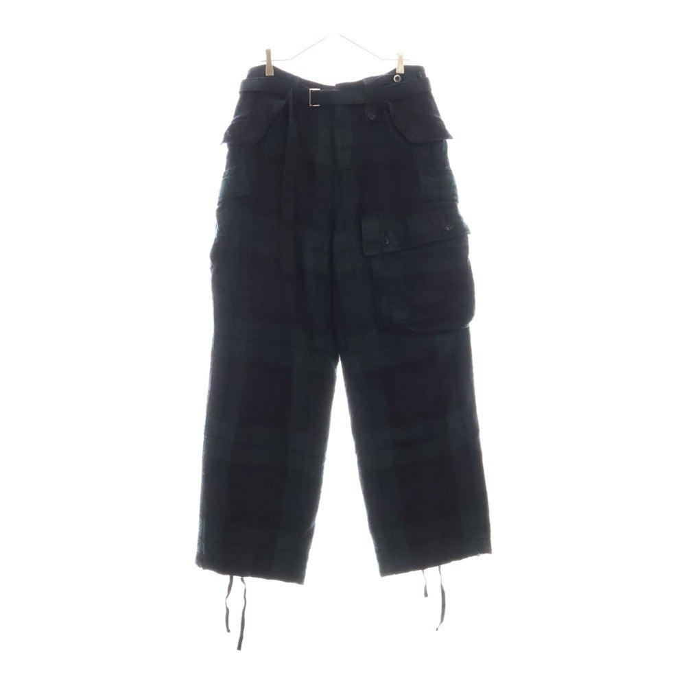 Sacai(サカイ) 20AW ベルト付き チェック ウール ワイドカーゴパンツ ブラック/グリーン 20-02348M