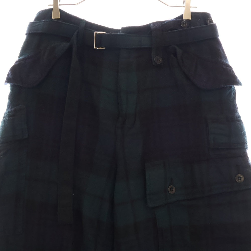 Sacai(サカイ) 20AW ベルト付き チェック ウール ワイドカーゴパンツ ブラック/グリーン 20-02348M