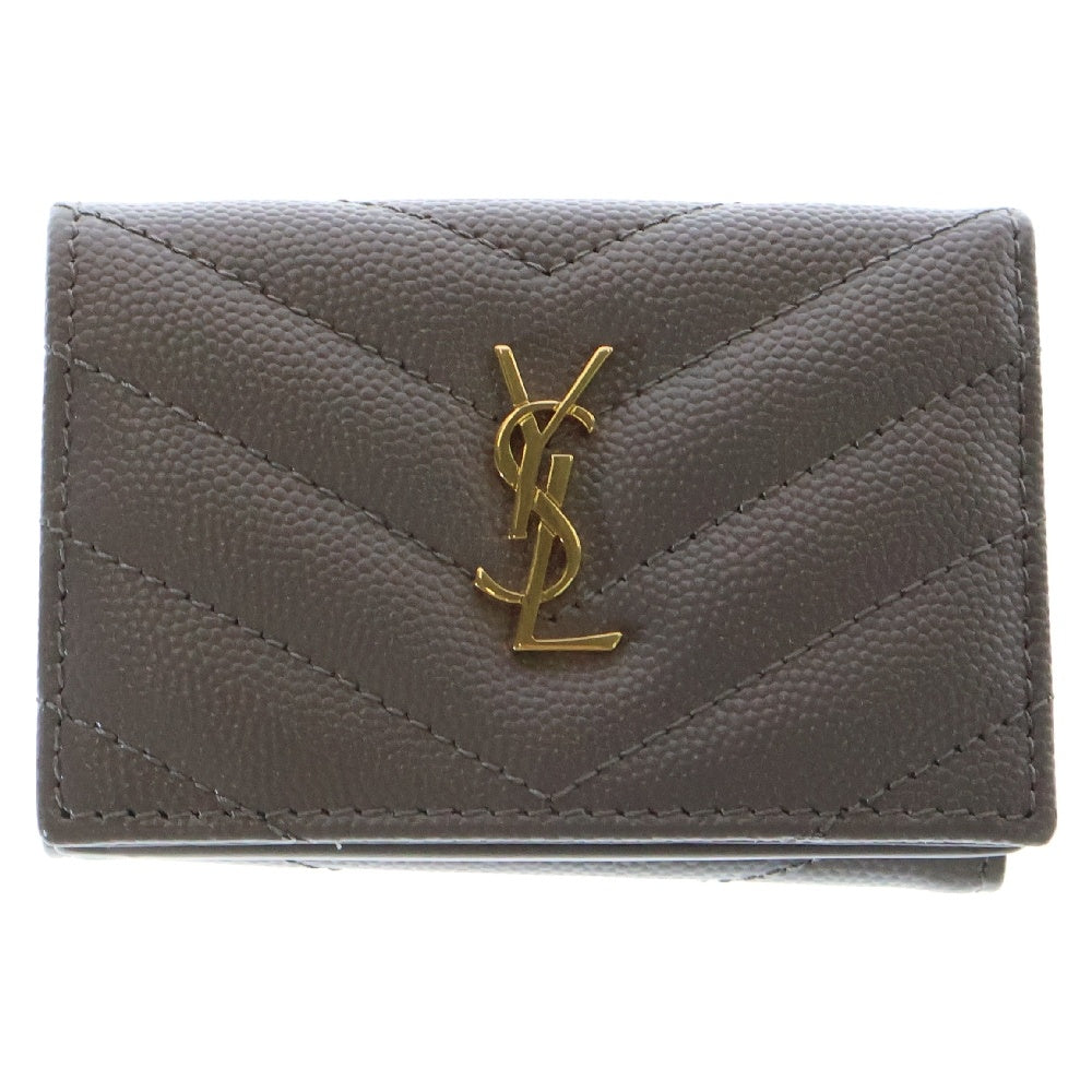 YVES SAINT LAURENT(イヴサンローラン) タイニーウォレット モノグラム グレインド プードルエンボスレザー コンパクト 三つ折り財布 カードケース コインパース モノグラム グレー 647267