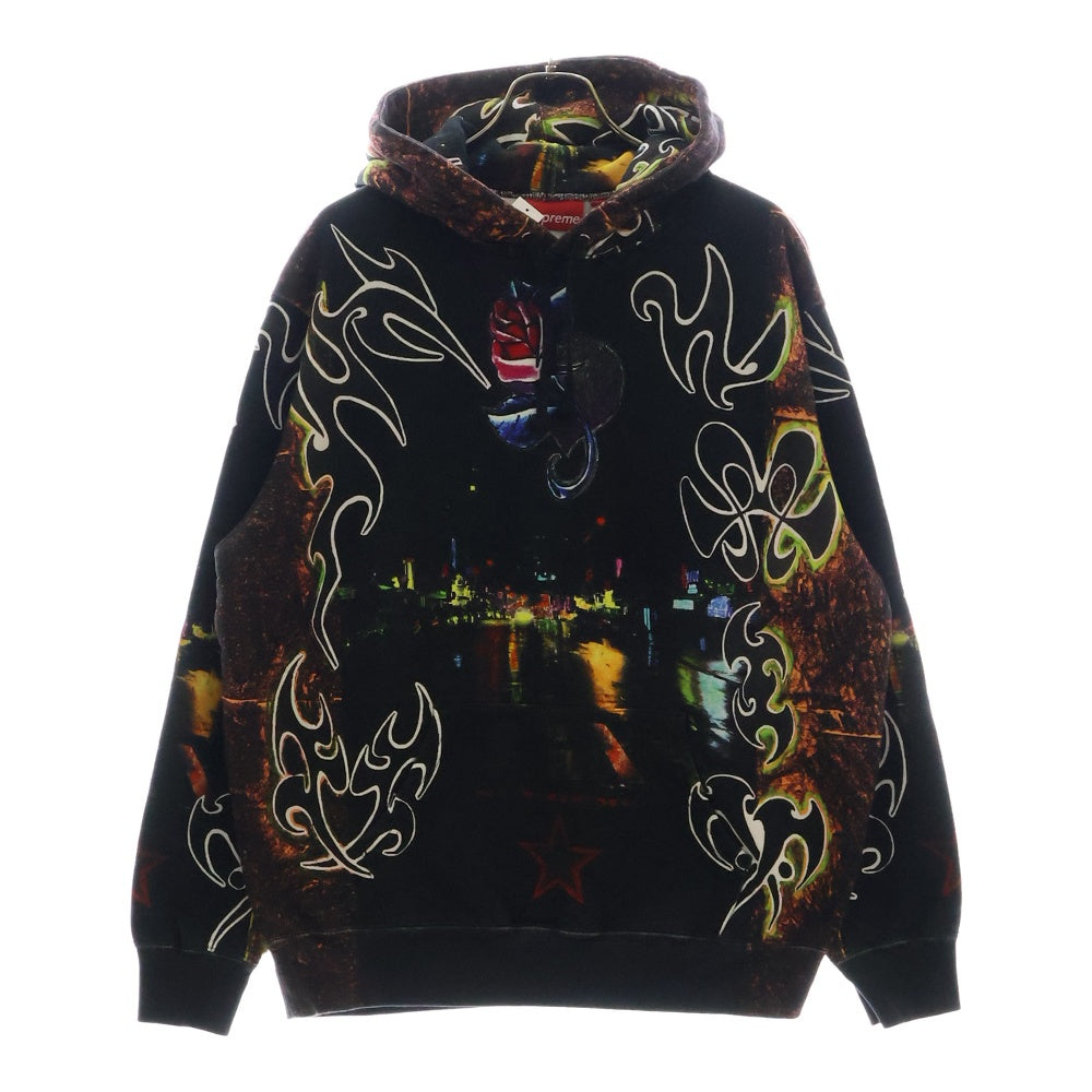 SUPREME(シュプリーム) 22SS East Broadway Hooded Sweatshirt イースト ブロードウェイ 総柄 プルオーバースウェットパーカー フーディ ブラック