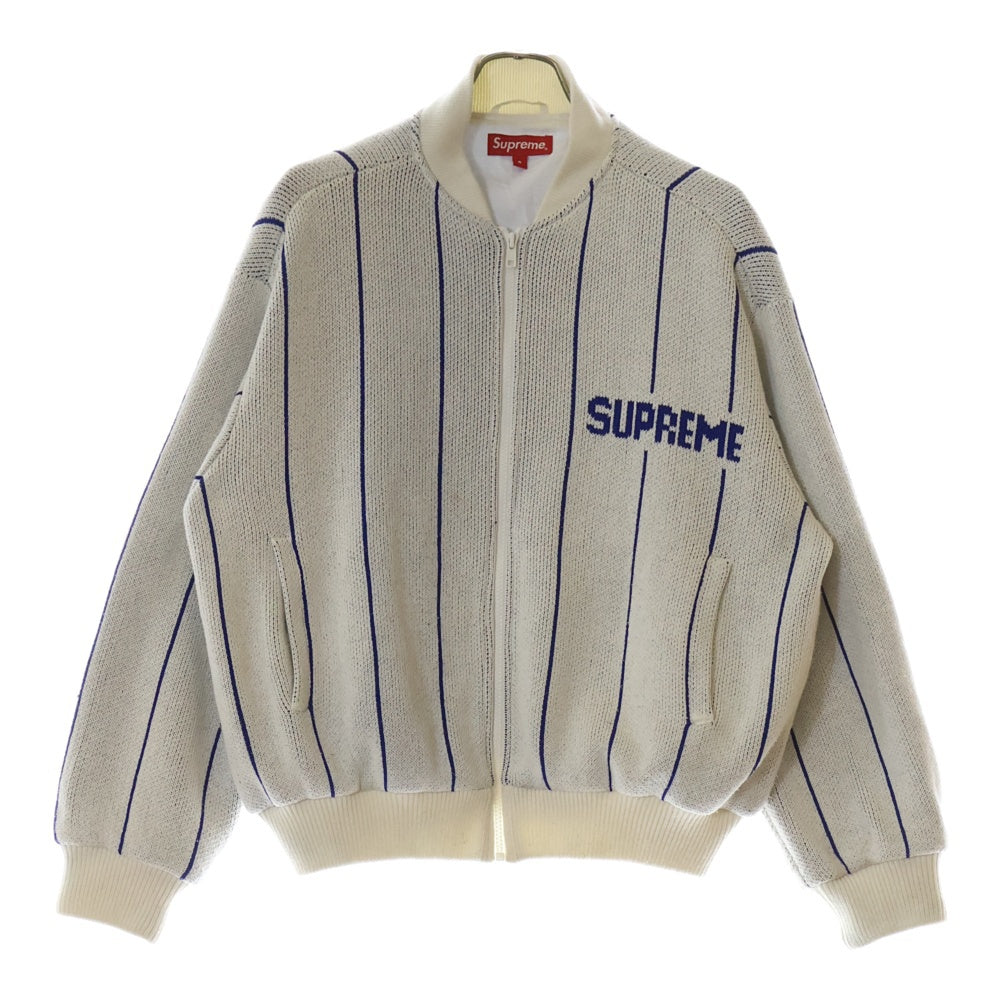 SUPREME(シュプリーム) 23SS Pinstripe Varsity Zip Up Sweater ピンストライプ バーシティ ジップアップ ニットジャケット ホワイト/ブルー