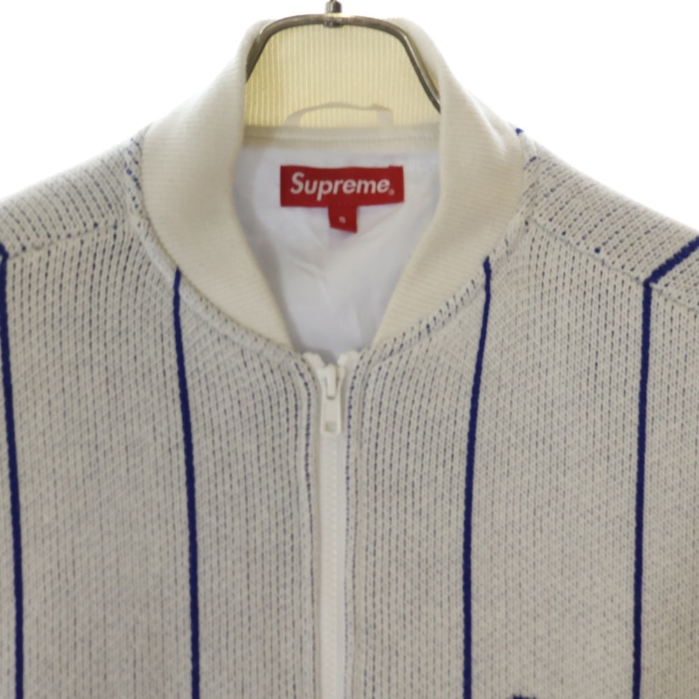 SUPREME(シュプリーム) 23SS Pinstripe Varsity Zip Up Sweater ピンストライプ バーシティ ジップアップ ニットジャケット ホワイト/ブルー