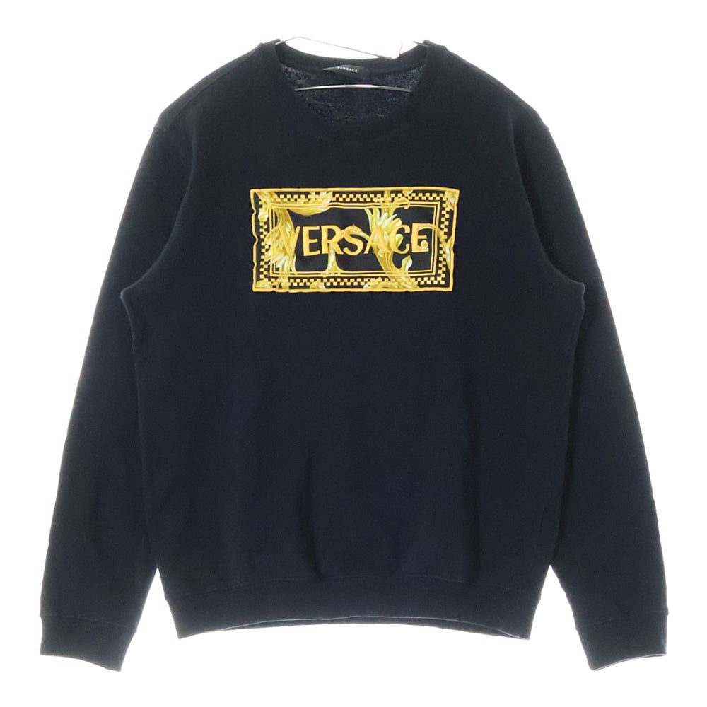 VERSACE(ヴェルサーチ) フロント ロゴ刺繍 コットン クルーネック スウェット ブラック A89518S
