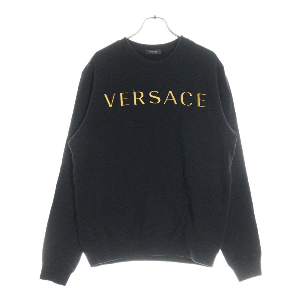 VERSACE(ヴェルサーチ) フロント ロゴ刺繍 クルーネックスウェットトレーナー ブラック A87019S