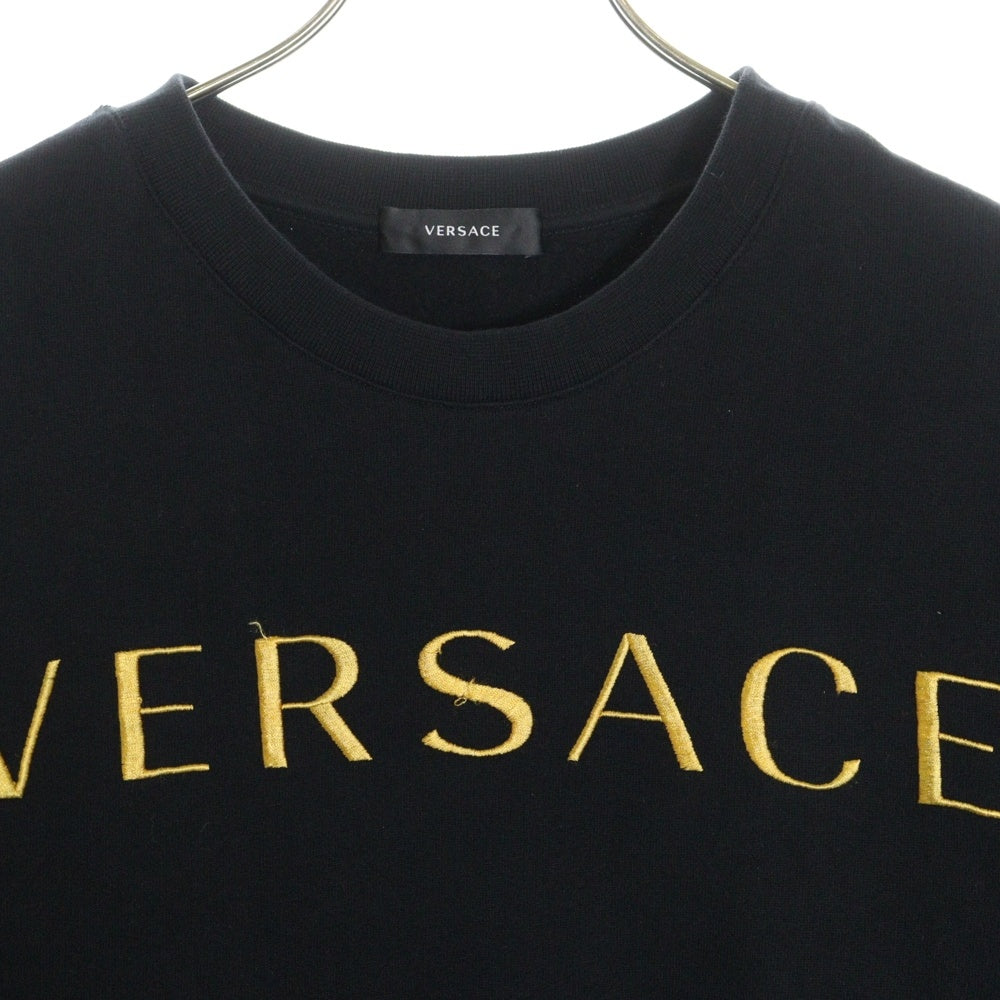 VERSACE(ヴェルサーチ) フロント ロゴ刺繍 クルーネックスウェットトレーナー ブラック A87019S