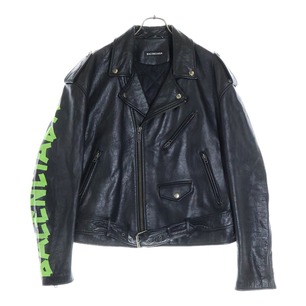 BALENCIAGA(バレンシアガ) ユーズド加工 袖ロゴペイント ダブルライダース レザージャケット ブラック 507398 TES24