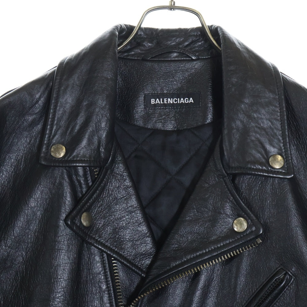 BALENCIAGA(バレンシアガ) ユーズド加工 袖ロゴペイント ダブルライダース レザージャケット ブラック 507398 TES24