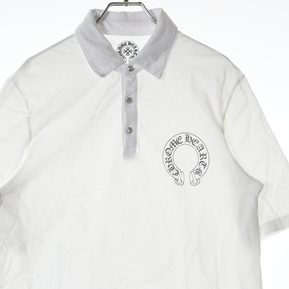 CHROME HEARTS(クロムハーツ) フロント ロゴプリント ホワイトロジウム加工 クロスボールボタン ポロシャツ 半袖Tシャツ カットソー ホワイト