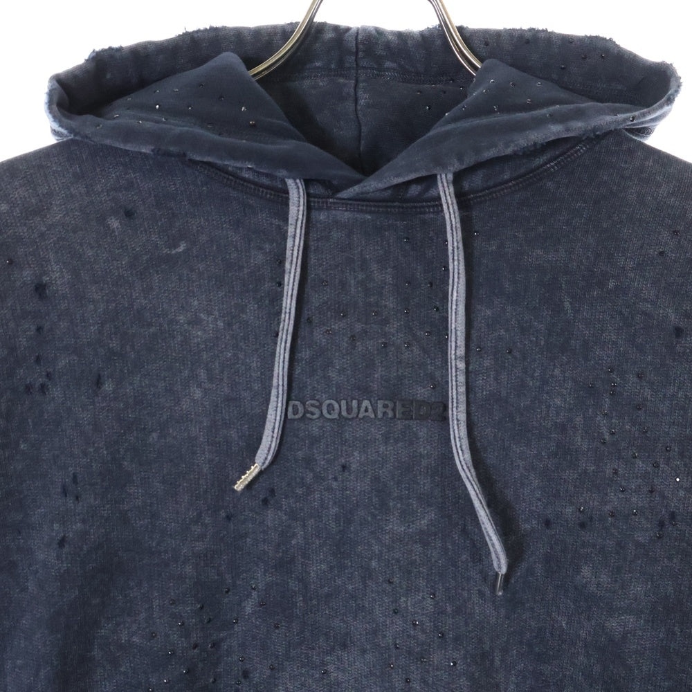 DSQUARED2(ディースクエアード) 24AW GREY Hoodie スタッズ付き ダメージ加工 プルオーバースウェットパーカー グレー S74GU0802 S25030