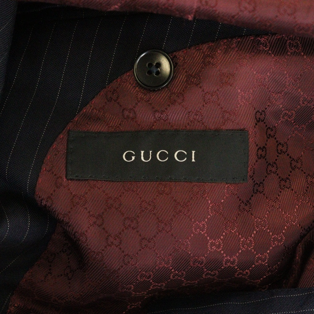 GUCCI(グッチ) 裏地GGロゴ ストライプ ダブルブレスト テーラードジャケット スラックスパンツ セットアップ ネイビー/レッド 616U01 21GUFA
