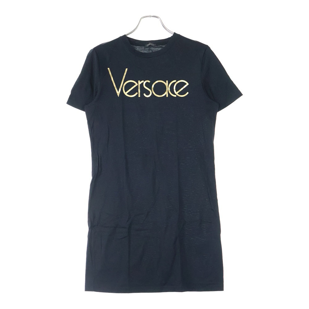 VERSACE(ヴェルサーチ) ロゴプリント クルーネック 半袖Tシャツ ミニ ワンピース ブラック レディース