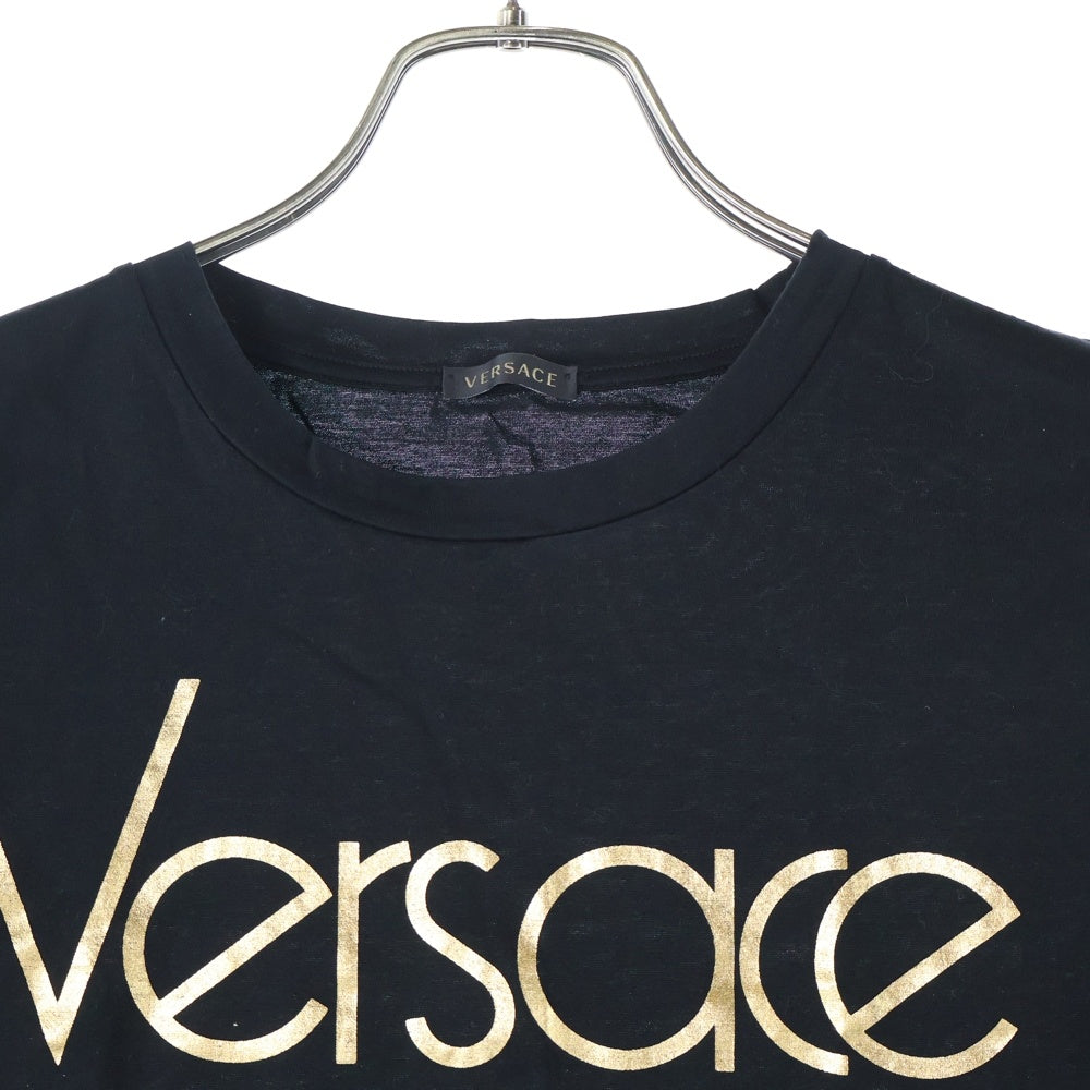 VERSACE(ヴェルサーチ) ロゴプリント クルーネック 半袖Tシャツ ミニ ワンピース ブラック レディース