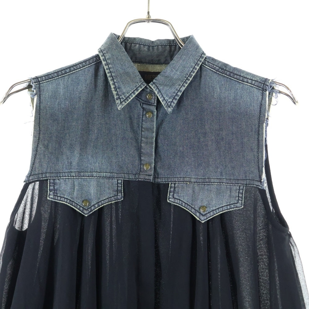 DIESEL(ディーゼル) デニム フリース 生地切り替え ノースリーブ チュニック インディゴ/ブラック レディース