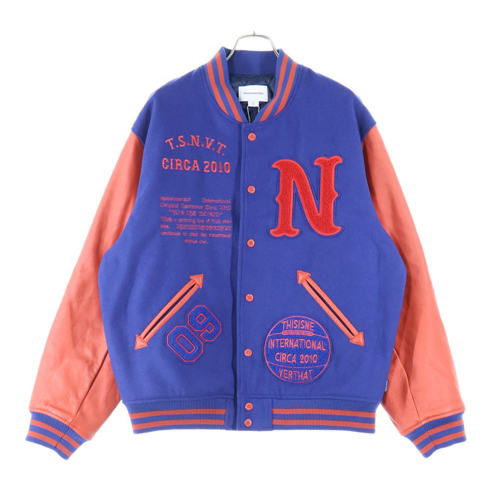 THISISNEVERTHAT(ディスイズネバーザット) 23AW 袖レザー 切り替え スタジャン ブルー/レッド TN233LOWHS01