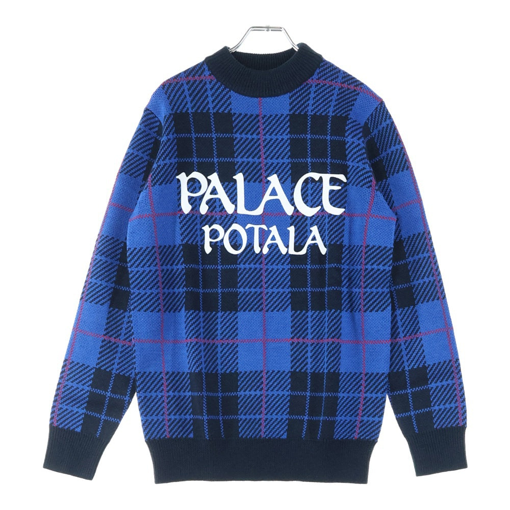 Palace Skateboards(パレススケートボーズ) 17AW Potala Knit ポタラ フロッキープリント タータンチェック クルーネック ニットセーター ブルー/ブラック