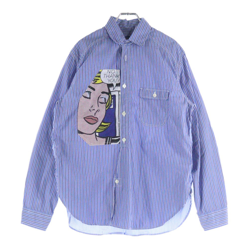 JUNYA WATANABE COMME des GARCONS(ジュンヤワタナベ コムデギャルソン) Striped Oversized Shirt with Pop Art Patch パッチ ストライプ長袖シャツ ブルー/ホワイト