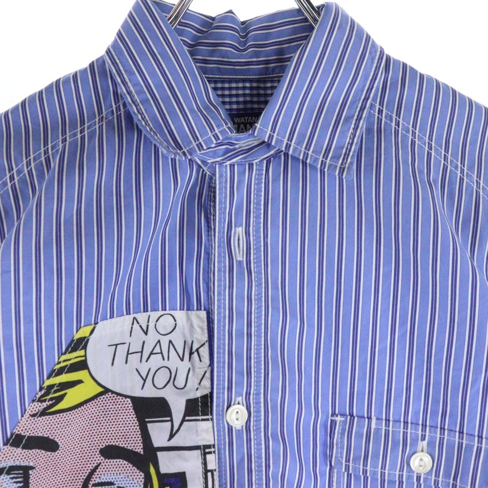 JUNYA WATANABE COMME des GARCONS(ジュンヤワタナベ コムデギャルソン) Striped Oversized Shirt with Pop Art Patch パッチ ストライプ長袖シャツ ブルー/ホワイト