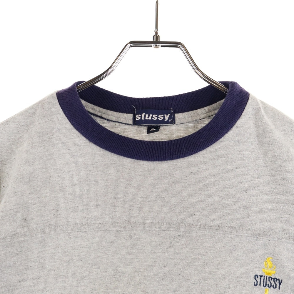 STUSSY(ステューシー) 90s OLD STUSSY オールドステューシー 紺タグ 聖火ロゴ フロント刺繍 クルーネック ラグランスリーブ リンガー 半袖Tシャツ カットソー グレー