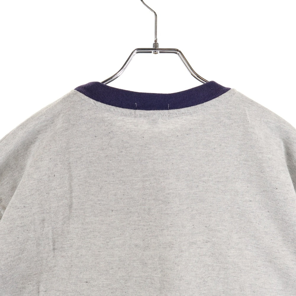 STUSSY(ステューシー) 90s OLD STUSSY オールドステューシー 紺タグ 聖火ロゴ フロント刺繍 クルーネック ラグランスリーブ リンガー 半袖Tシャツ カットソー グレー