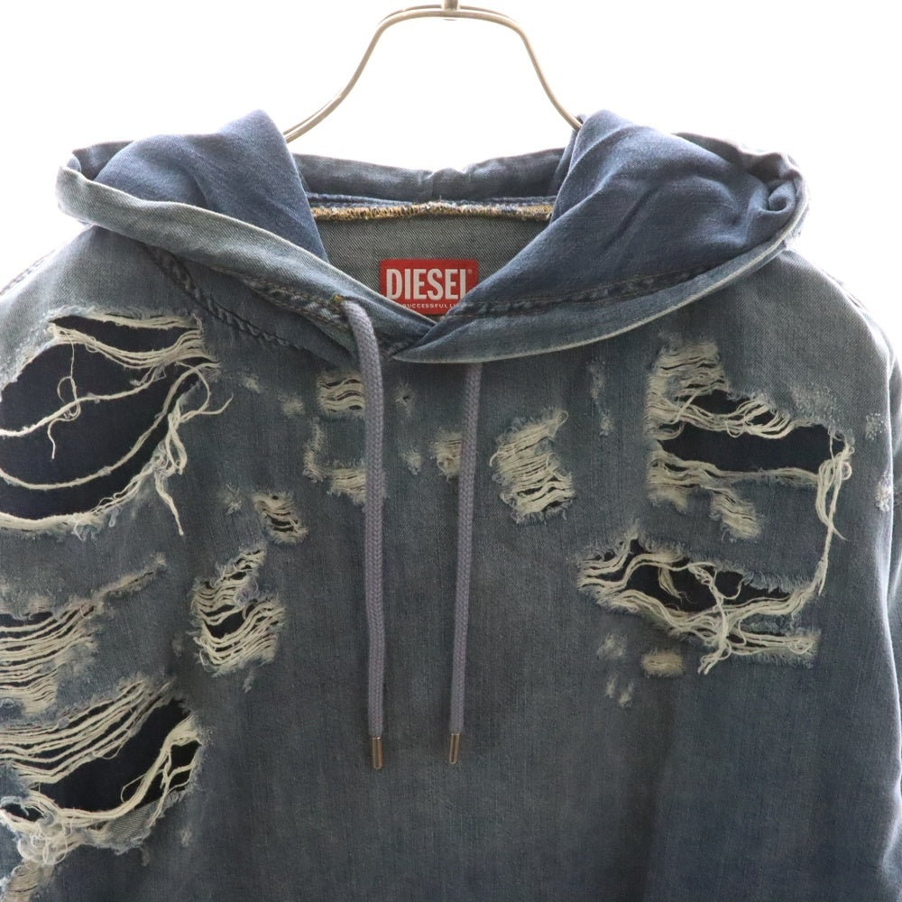 DIESEL(ディーゼル) 23SS D-UM Denim Hoodie クラッシュ加工 デニム プルオーバースウェットパーカー フーディー インディゴ A09691