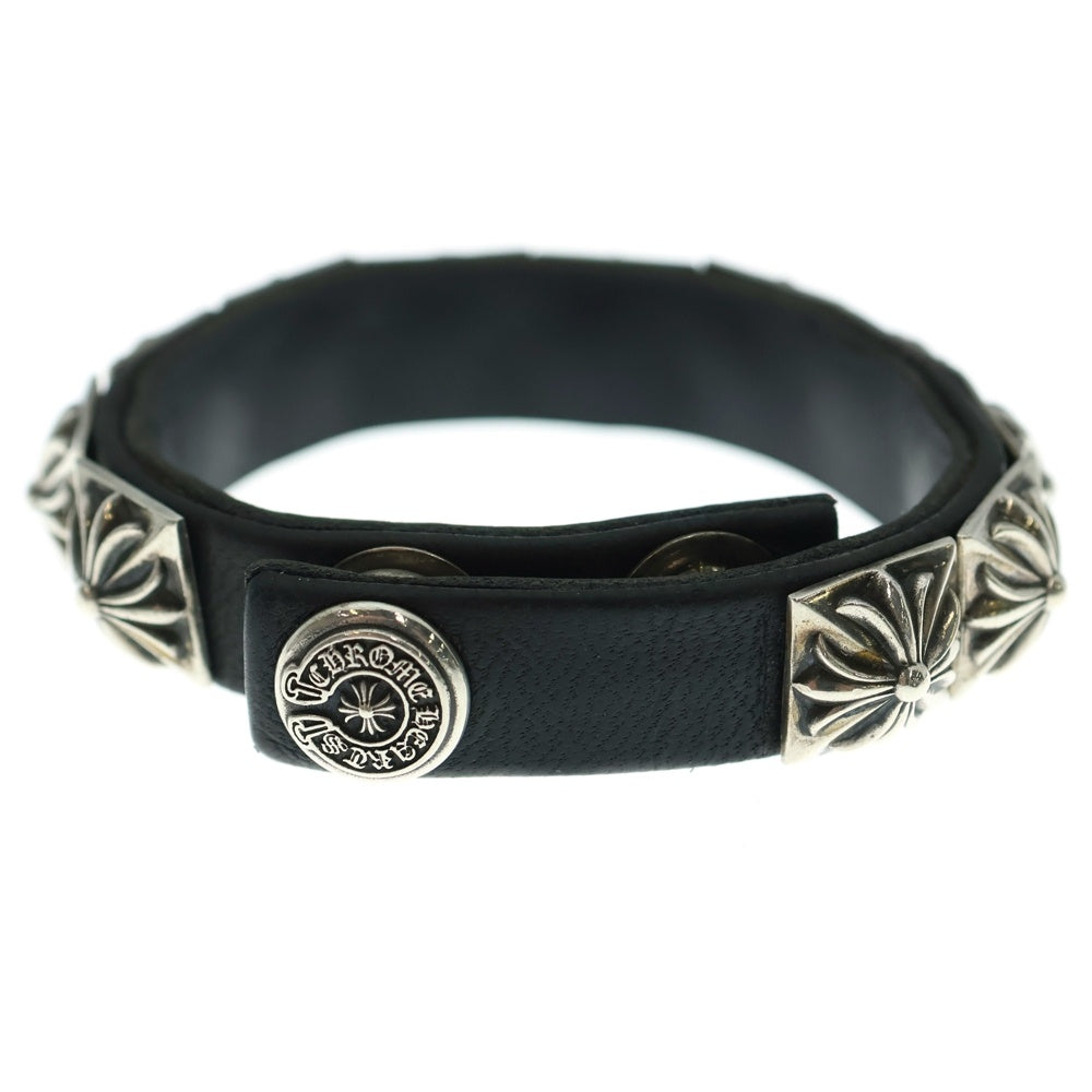 CHROME HEARTS(クロムハーツ) ZERO STUD SNGL ROW ゼロ ピラミッド スタッズ シングル レザー ブレスレット シルバー/ブラック