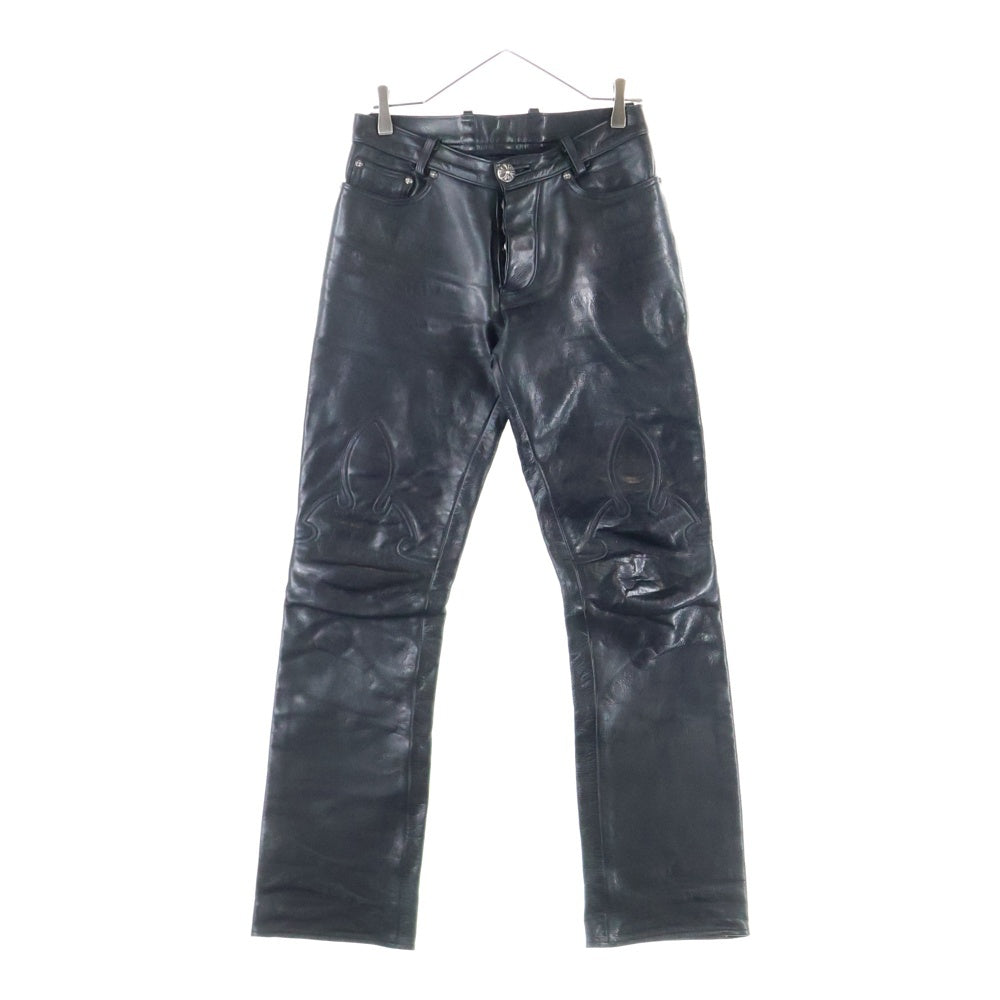 CHROME HEARTS(クロムハーツ) LTHR PANTS クロスボールボタン 5ポケット フレアニー ボタンフライ レザー ストレートパンツ ブラック