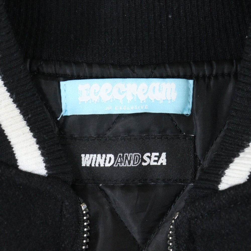 ICE CREAM(アイスクリーム) × WIND AND SEA VARSITY JACKET パッチ刺繍 スタジャン レザー切り替え ジャケット ブラック ICJP215SX004
