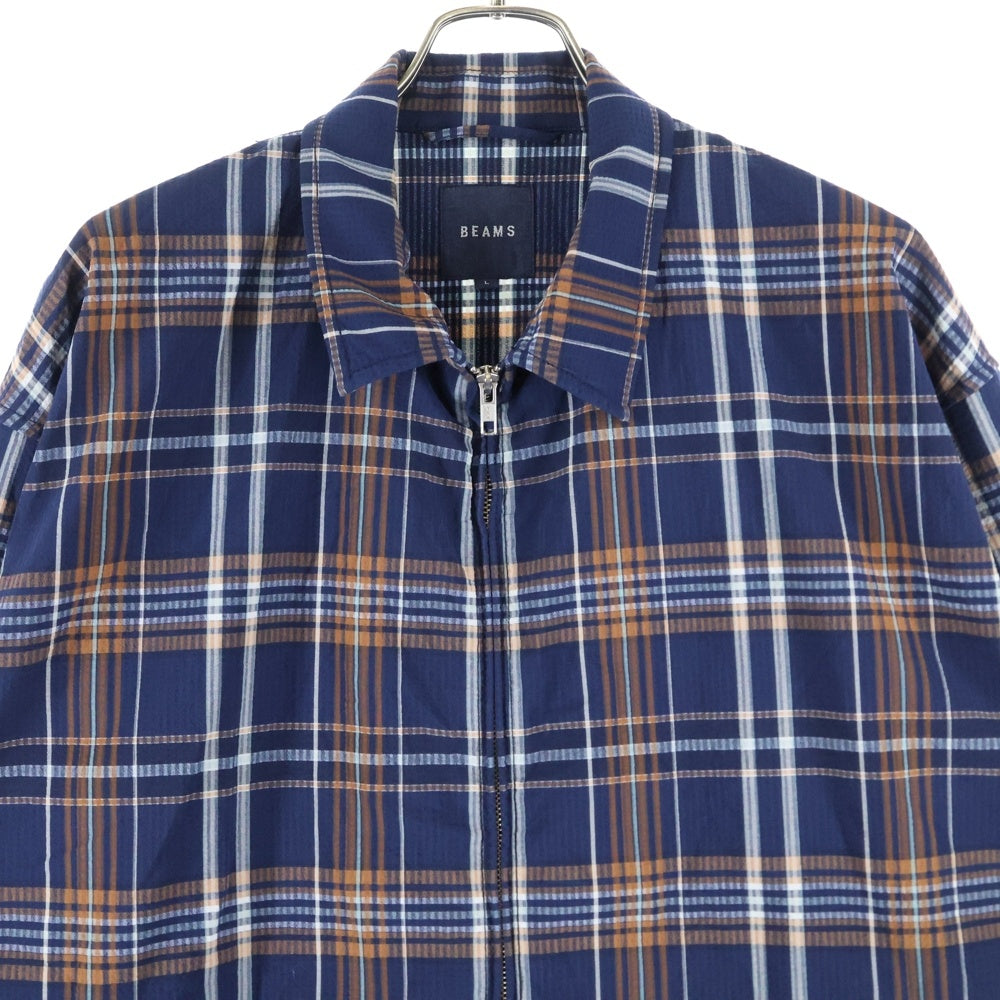 BEAMS(ビームス) シアサッカーチェックジップアップブルゾジャケット 長袖シャツ ネイビー 11-18-5258-457