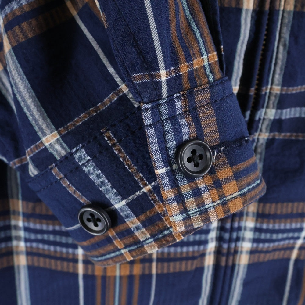 BEAMS(ビームス) シアサッカーチェックジップアップブルゾジャケット 長袖シャツ ネイビー 11-18-5258-457