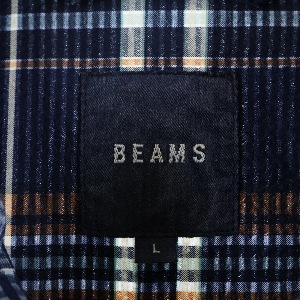 BEAMS(ビームス) シアサッカーチェックジップアップブルゾジャケット 長袖シャツ ネイビー 11-18-5258-457