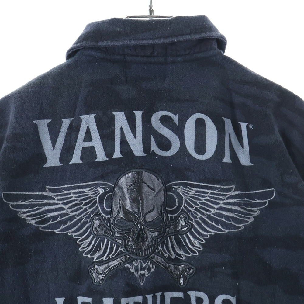 VANSON(バンソン) スカル刺繍 カモ柄 2ポケット 半袖ポロシャツ ブラック