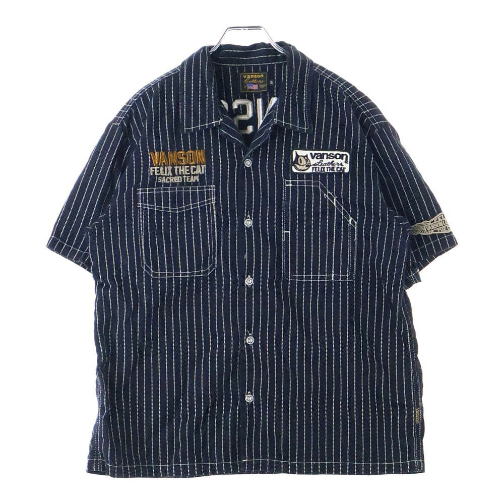 VANSON(バンソン) ×Felix the Cat フィリックス・ザ・キャット ワッペン付き ドットストライプ 半袖シャツ ブラック