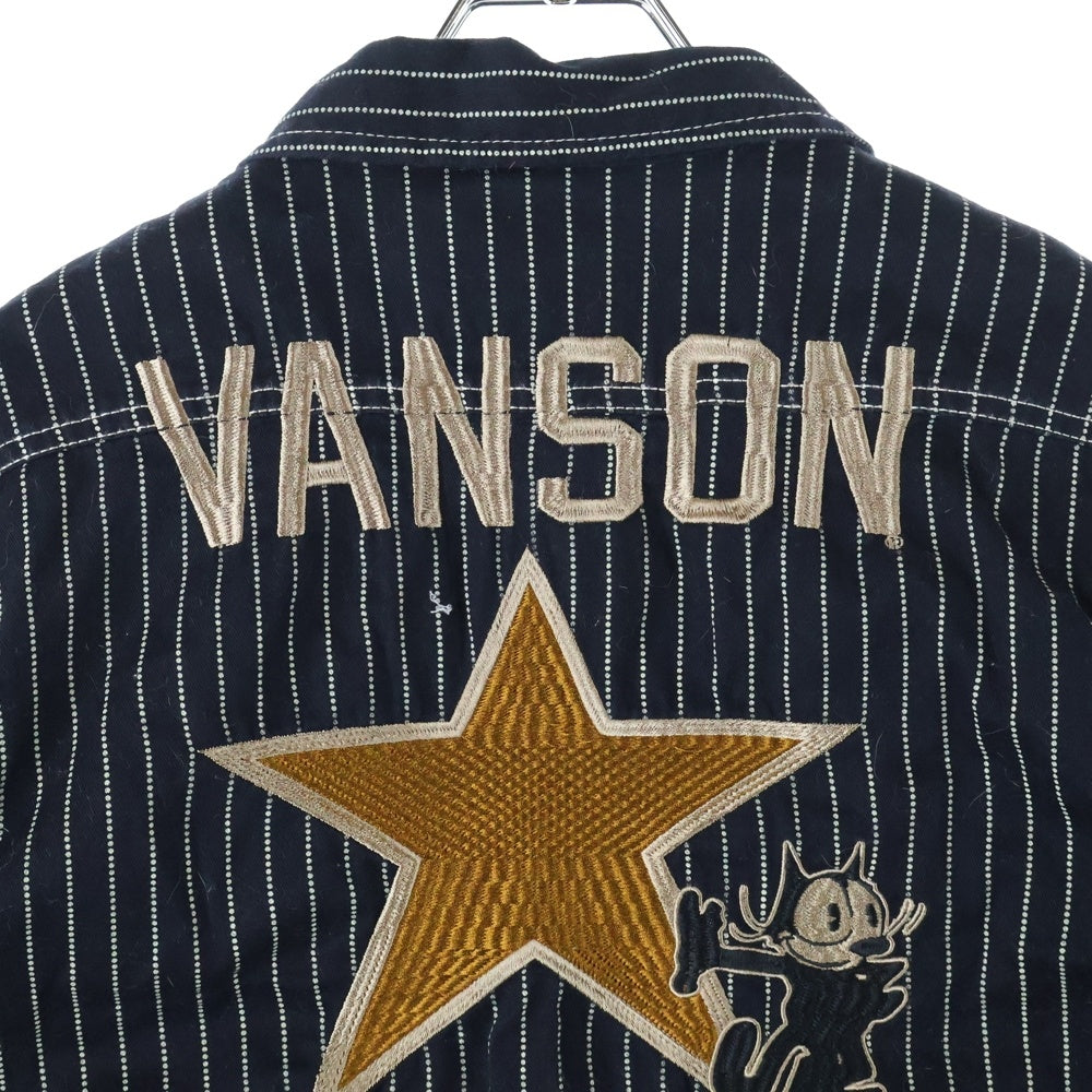 VANSON(バンソン) ×Felix the Cat フィリックス・ザ・キャット ワッペン付き ドットストライプ 半袖シャツ ブラック
