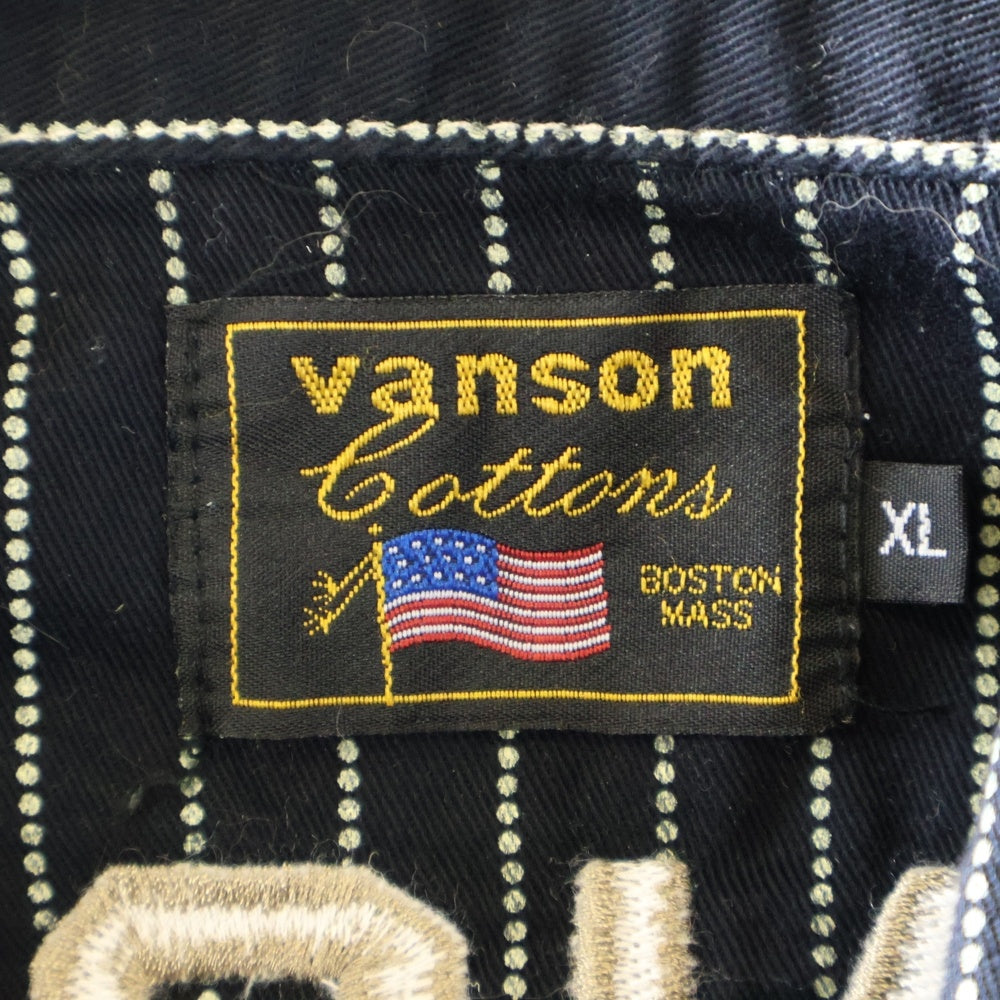 VANSON(バンソン) ×Felix the Cat フィリックス・ザ・キャット ワッペン付き ドットストライプ 半袖シャツ ブラック