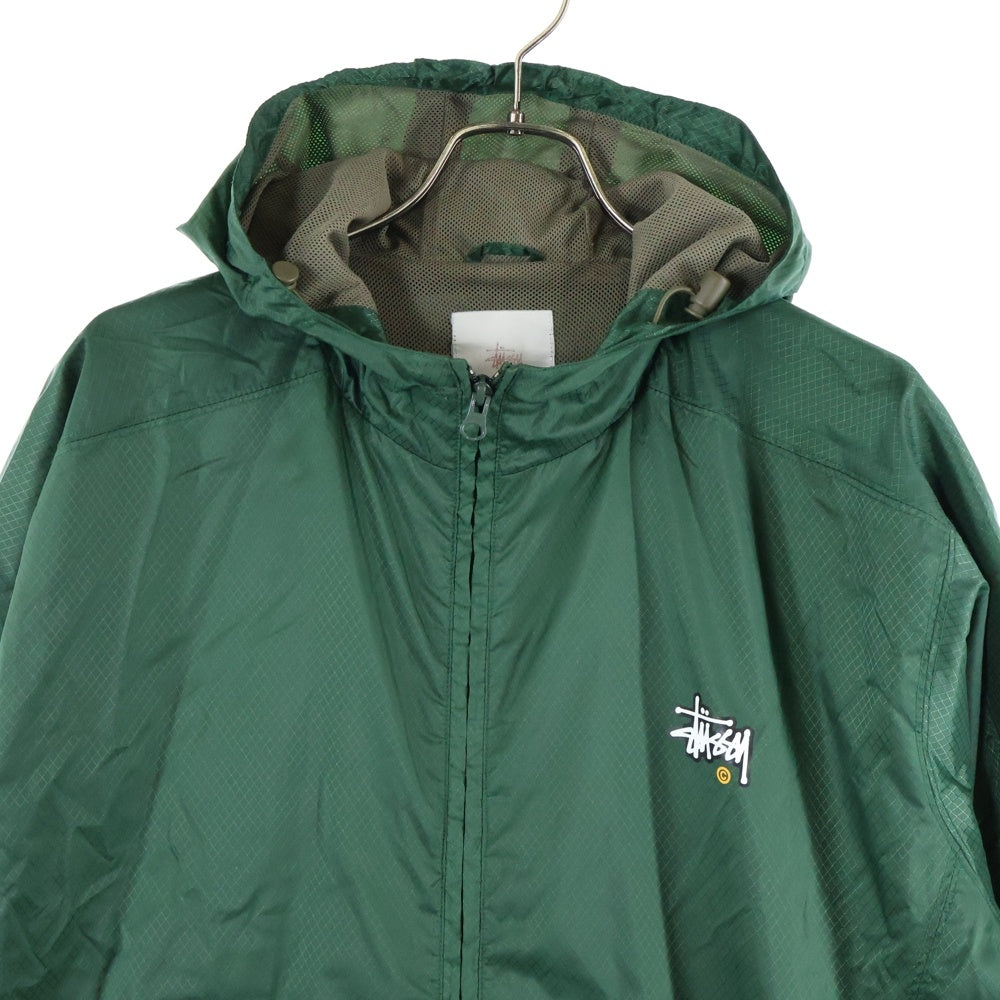 STUSSY(ステューシー) 90s 紺タグ付き 胸ロゴプリント 裏地メッシュ ナイロン フルジップ フーデッド ジャケット