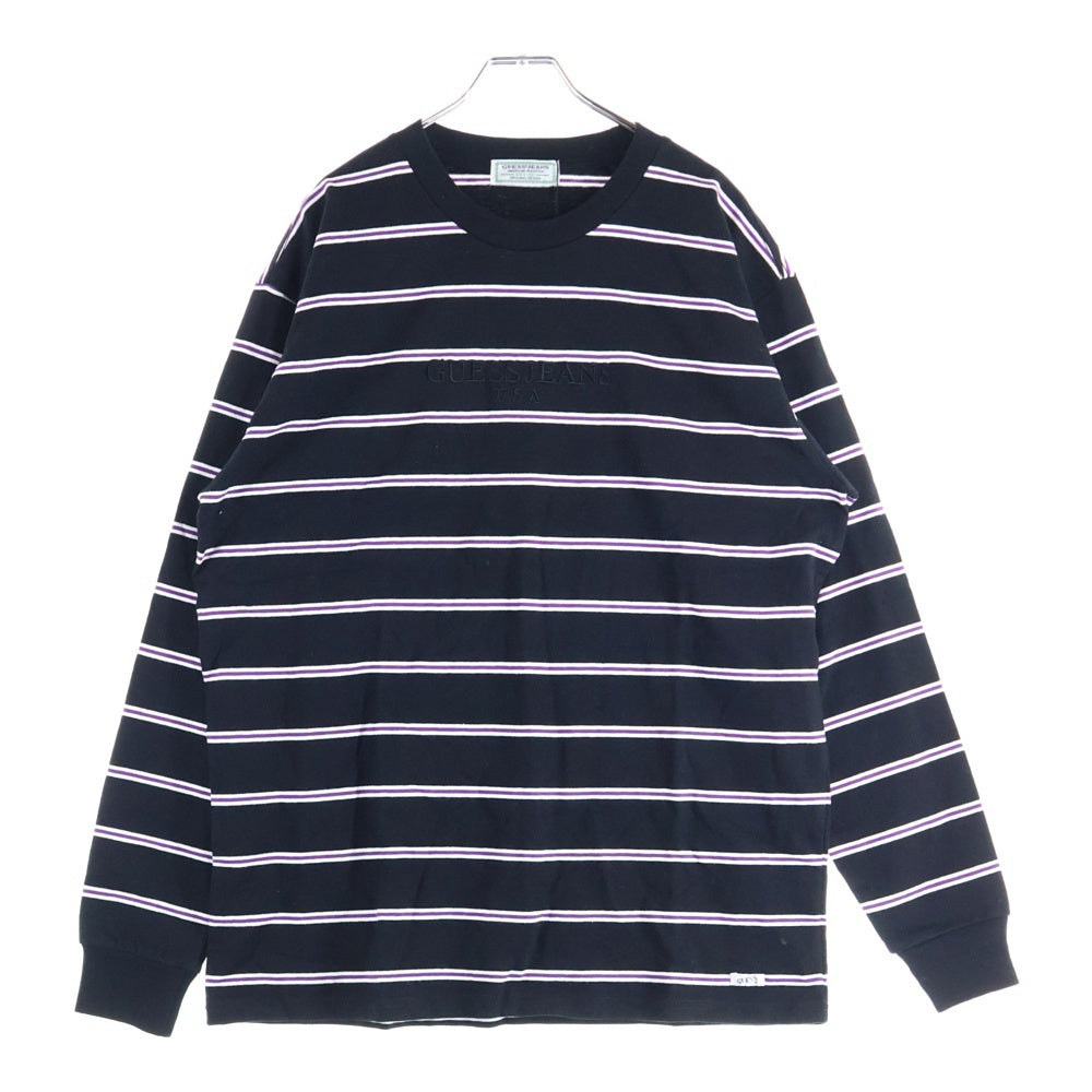 GUESS(ゲス) Green Label グリーンレーベル フロントロゴ刺繍 ボーダー長袖Tシャツ ブラックMI1K8316IA