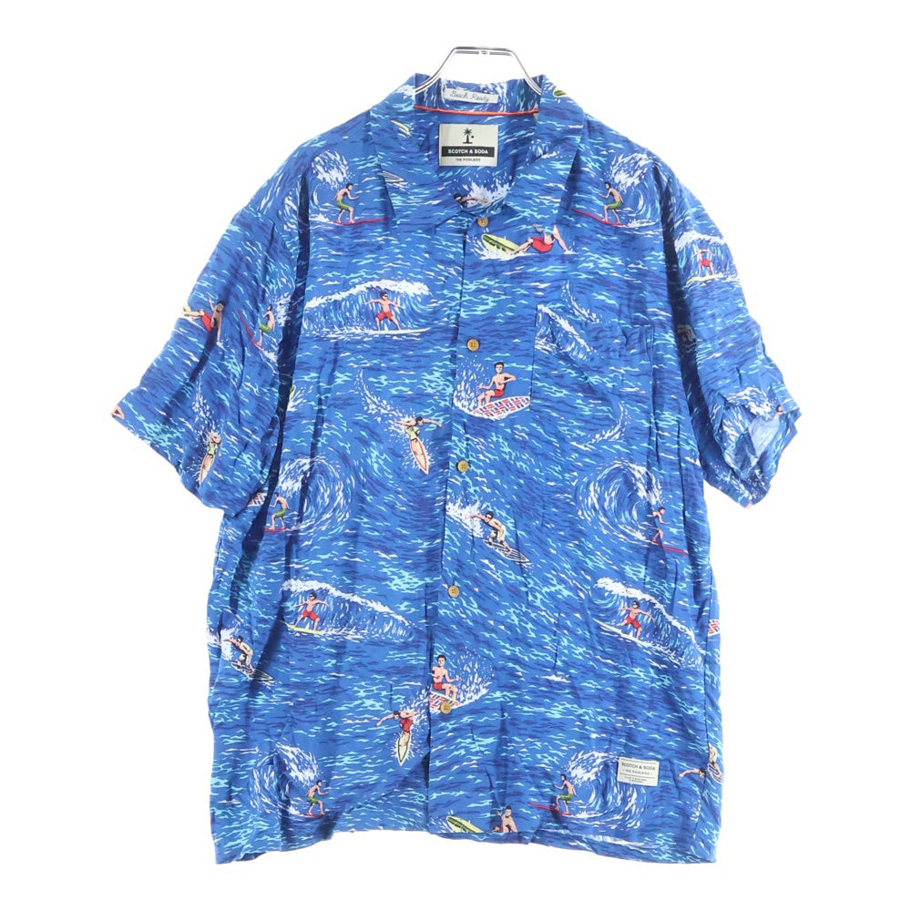 SCOTCH&SODA(スコッチ アンド ソーダ) サーフィン総柄 レーヨン 右ポケット 半袖開襟シャツ ブルー