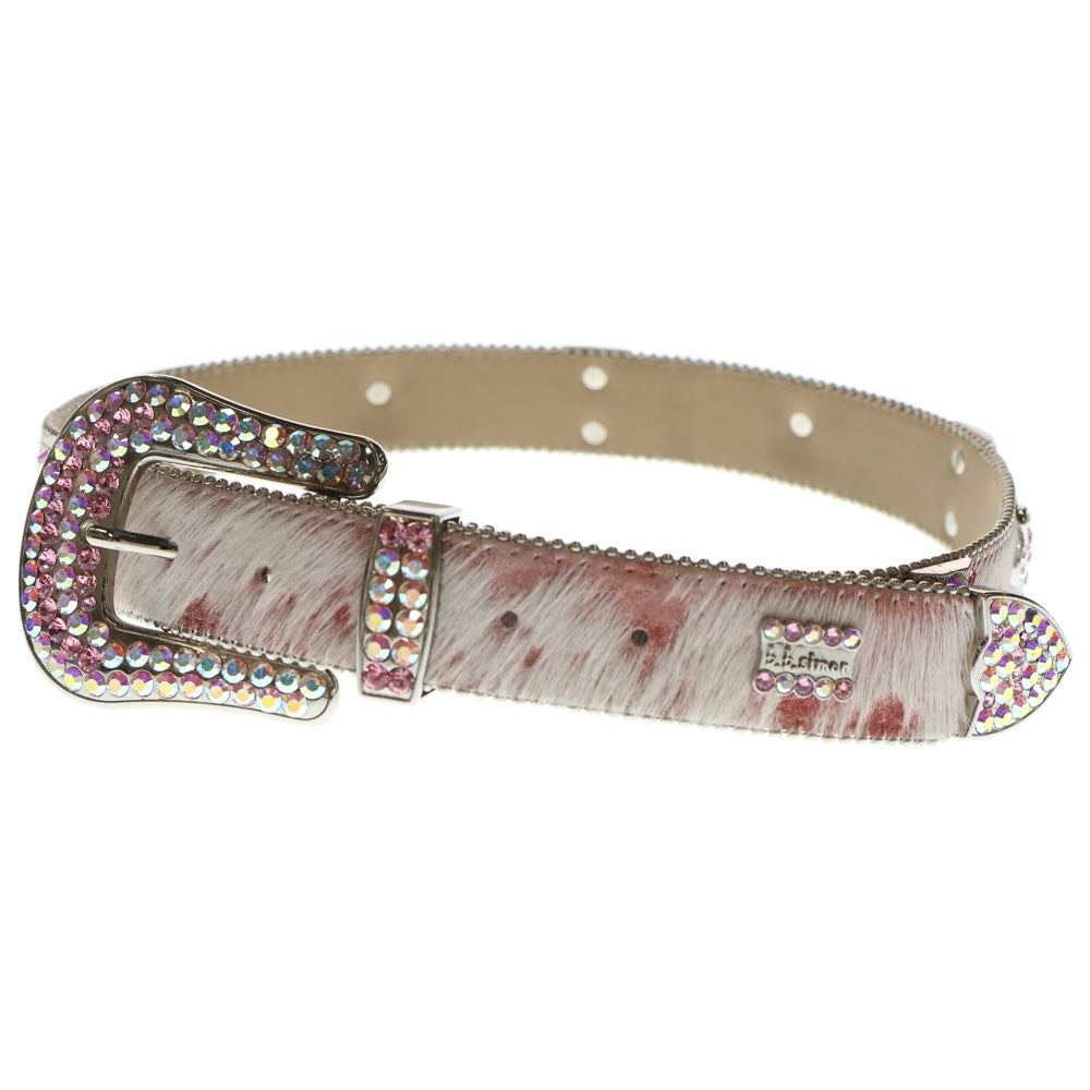 NO BRAND(ノーブランド) b.b.simon(ビービーサイモン)PINK PONY HAIR LEATHER BELT WITH SWAROVSKI CRYSTAL ピンクポニーヘアー スワロフスキークリスタル レザーベルト ピンク レディース